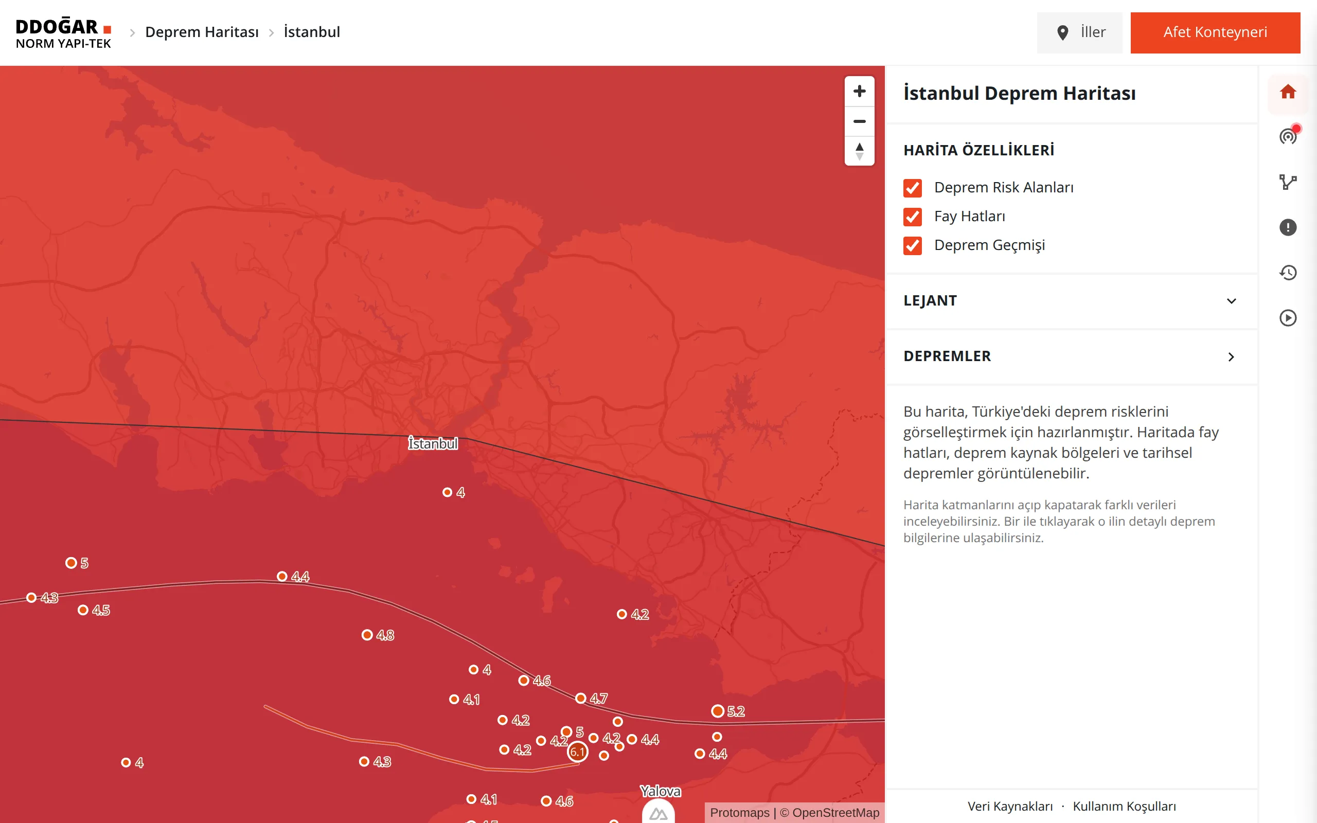 DDoğar earthquake map scoped to Istanbul, showing the Marmara fault and recorded quakes