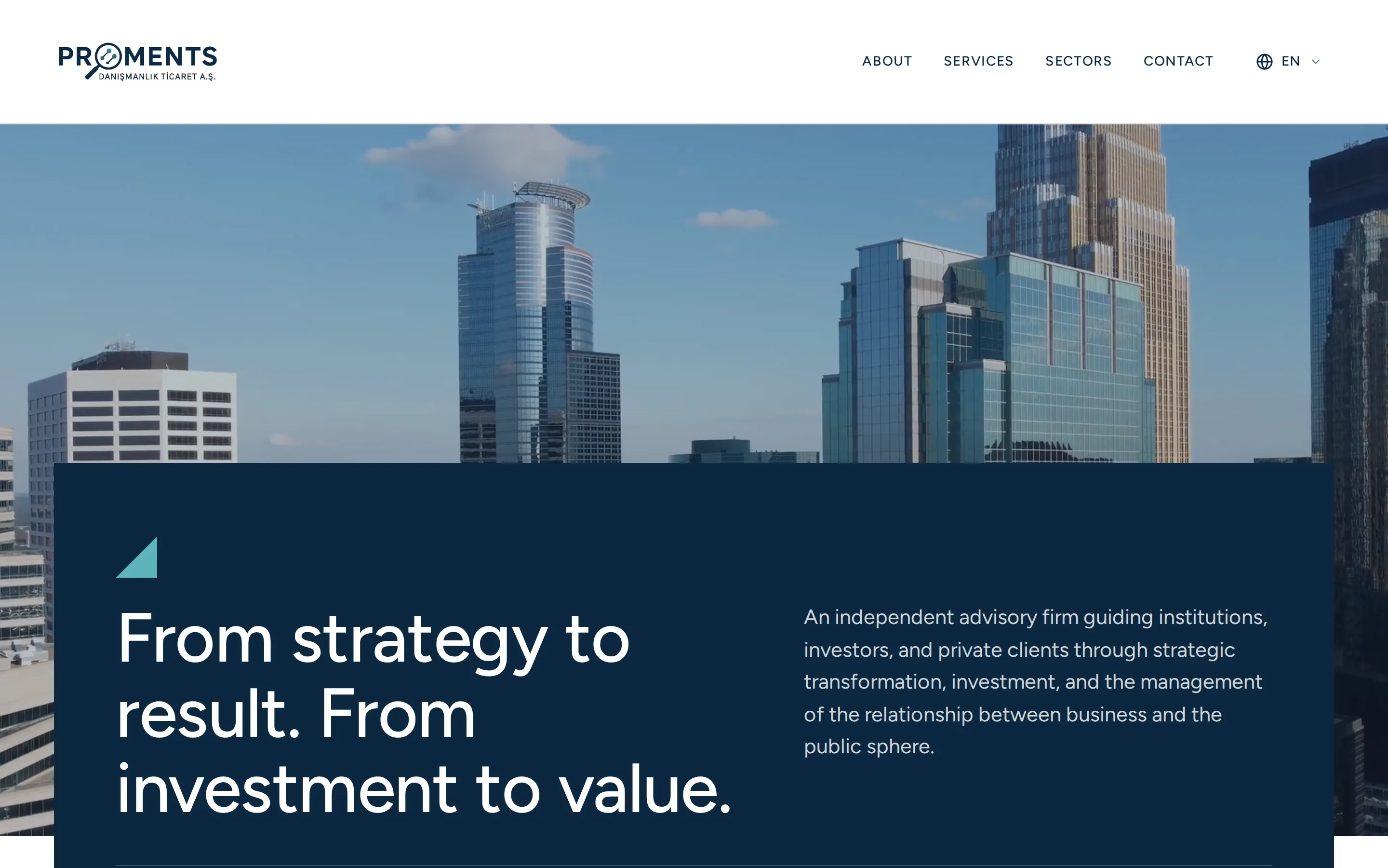 Proments home page hero: “From strategy to result. From investment to value.”